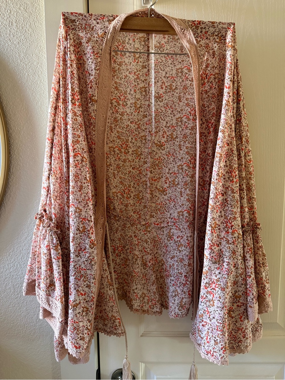 Free People Floral Open-Front Kimono in Blush and Coral